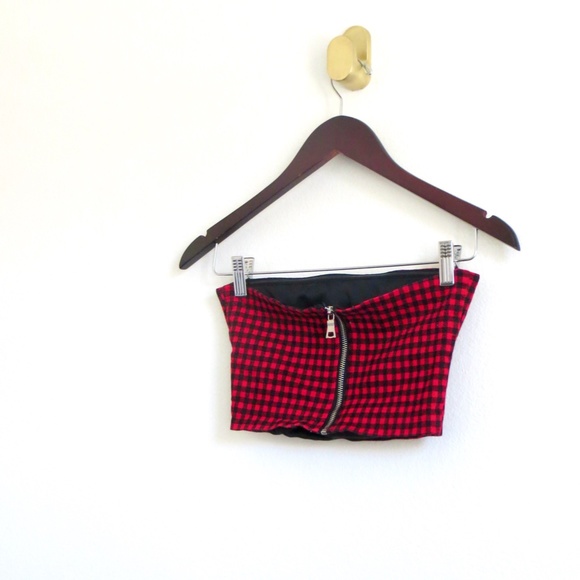 I AM GIA Alexis Checkered Strapless Crop Top Red Black SZ S - Picture 9 of 12